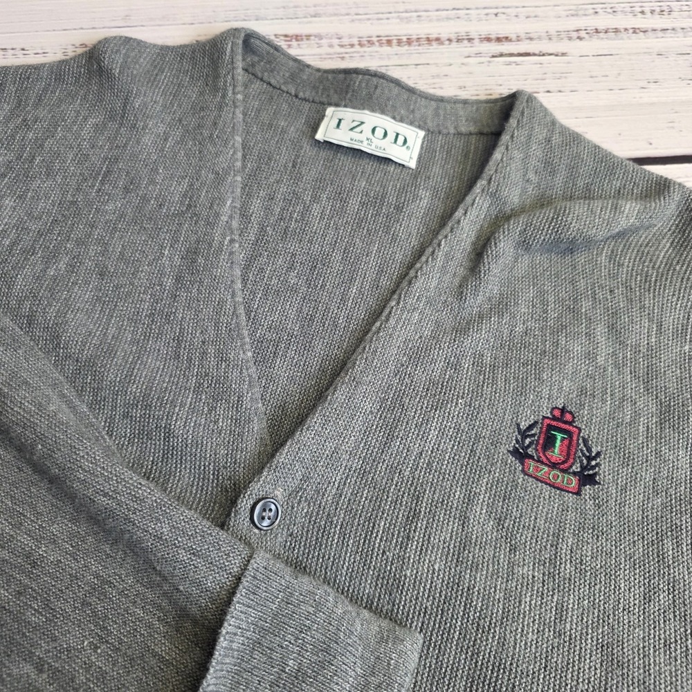 Vintage IZOD Cardigan Sweater Mens XL Gray Crest Logo USA Button Up Grandpa-core